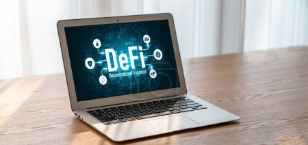 Photo for Decentralized finance or DeFi concept on modish computer screen . The defi system give new choice of investment and money saving . - Royalty Free Image
