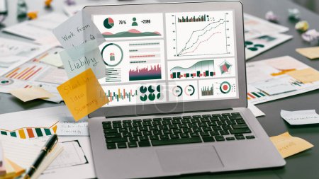 Photo for Sticky note for creative and analytic brainstorm for business idea with BI data dashboard on laptop screen. Analysis financial data visualization tech for marketing strategy. Prodigy - Royalty Free Image