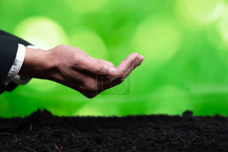 Photo for Businessman make hand holding gesture with empty space for seedling or plant with fertile soil. Corporate company with environment protection policy growing tree to reduce carbon footprint. Alter - Royalty Free Image