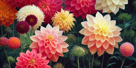 Téléchargez les photos : Banquet de fleurs Dahlia magnifique arrangement de fleurs spectaculaires pour le fond de l'amour du dîner de mariage et la célébration de l'anniversaire. Art numérique Illustration 3D. - en image libre de droit