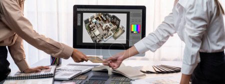 Photo for Group of interior architect designer team at table choosing various mood board samples with architecture software on laptop screen. Modern renovation and interior material selection concept. Insight - Royalty Free Image