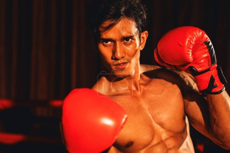 Téléchargez les photos : Muay boxeur thaïlandais frapper son poing devant la caméra en position de combat prêt à poser à la salle de gym avec du matériel de boxe en arrière-plan. Regard de détermination concentré et préparation au défi. Impulsion - en image libre de droit