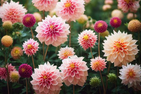 Téléchargez les photos : Banquet de fleurs Dahlia magnifique arrangement de fleurs spectaculaires pour le fond de l'amour du dîner de mariage et la célébration de l'anniversaire. Art numérique Illustration 3D. - en image libre de droit