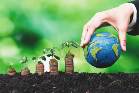 Corporate business invests in environmental subsidies with seedlings growing on coin stack for natural awareness. Eco subsidized growth investment for environment protection and clean energy. Alter