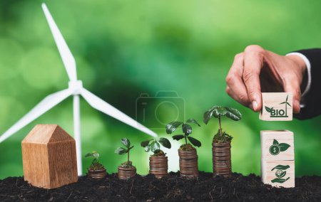 Foto de Empresario sosteniendo símbolo de energía Bio con plántulas en pila de monedas y turbina eólica. Responsabilidad corporativa y biotecnología para la energía sostenible y la reducción de la contaminación y las emisiones de CO2. Alteración - Imagen libre de derechos