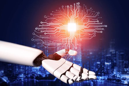 Téléchargez les photos : Rendu 3D Développement technologique de robots futuristes, intelligence artificielle IA et concept d'apprentissage automatique. Global robotic bionic science research for future human life. Illustration 3D - en image libre de droit