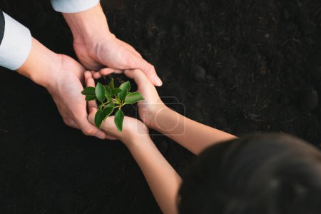 Téléchargez les photos : Homme d'affaires cultiver et cultiver des plantes sur un sol fertilisé avec le jeune garçon comme éco-entreprise engagée à la responsabilité sociale des entreprises, réduire les émissions de CO2 et adopter le principe ESG pour un avenir durable. - en image libre de droit