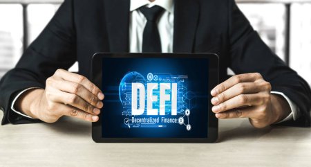 Photo for Decentralized finance or DeFi concept on modish computer screen . The defi system give new choice of investment and money saving . - Royalty Free Image