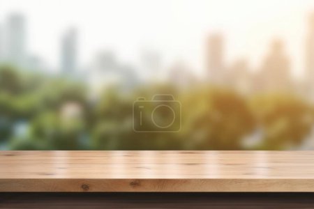 Téléchargez les photos : Le plateau de table en bois vide avec fond flou de pièce vide. Image exubérante. - en image libre de droit