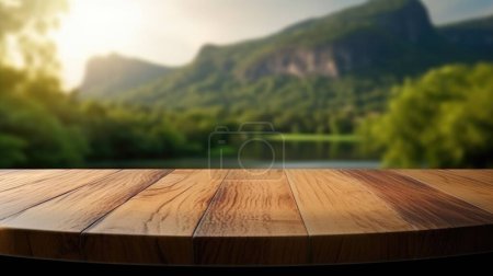 Foto de La mesa marrón de madera vacía con fondo borroso de río y montaña. Imagen exuberante. - Imagen libre de derechos