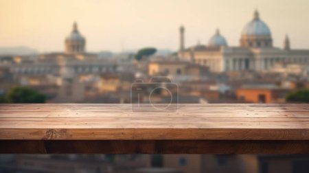 Foto de La mesa de madera vacía con fondo borroso de Roma. Imagen exuberante. - Imagen libre de derechos