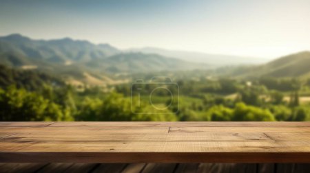 Foto de La mesa marrón de madera vacía con fondo borroso del paisaje de la colina de Napa. Imagen exuberante. - Imagen libre de derechos