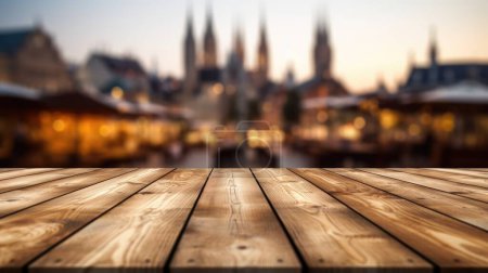 Photo for The empty wooden table top with blur background of town square. Exuberant image. - Royalty Free Image