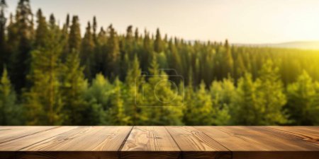 Foto de La mesa de madera vacía con fondo borroso de bosque boreal. Imagen exuberante. - Imagen libre de derechos