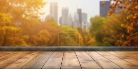 Photo for The empty wooden table top with blur background of business district and office building in autumn. Exuberant image. - Royalty Free Image