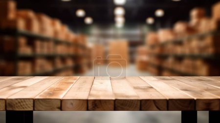 Téléchargez les photos : Le plateau en bois vide avec fond flou de stockage d'entrepôt. Image exubérante. - en image libre de droit