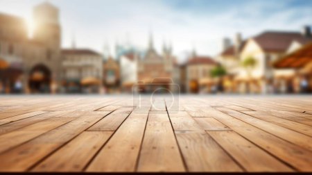 Photo for The empty wooden table top with blur background of town square. Exuberant image. - Royalty Free Image