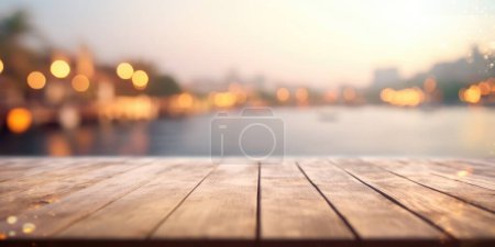 Photo for The empty wooden brown table top with blur background of seaside resort. Exuberant image. - Royalty Free Image