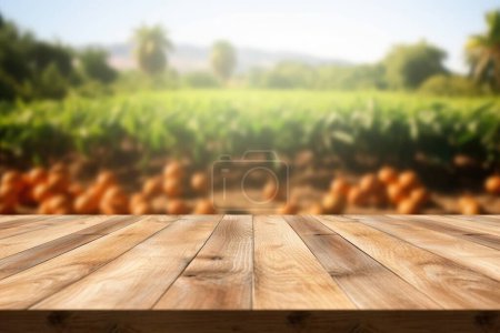 Foto de La mesa de madera vacía marrón con fondo borroso de la granja. Imagen exuberante. - Imagen libre de derechos