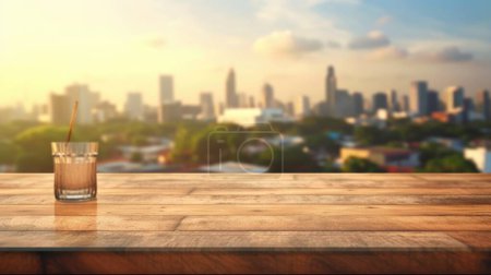 Photo for The empty wooden table top with blur background of sky lounge on rooftop with cityscape view. Exuberant image. - Royalty Free Image
