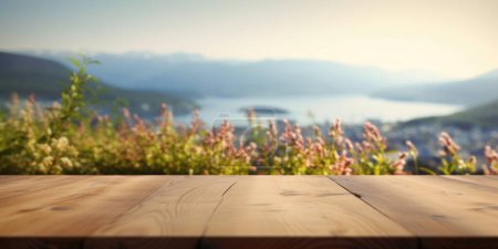 Foto de La mesa de madera vacía marrón con fondo borroso de Noruega en verano. Imagen exuberante. - Imagen libre de derechos
