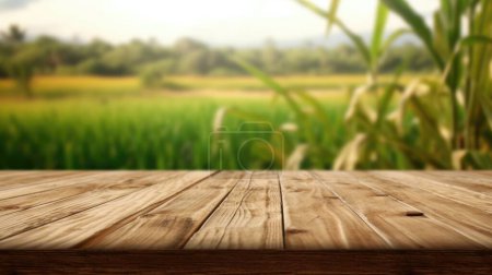 Foto de La mesa marrón de madera vacía con fondo borroso de campo de maíz. Imagen exuberante. - Imagen libre de derechos
