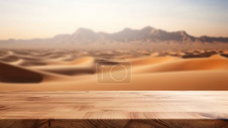 Photo for The empty wooden brown table top with blur background of desert dune mountain. Exuberant image. - Royalty Free Image