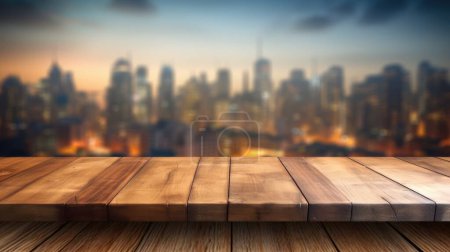 Foto de La mesa de madera vacía con fondo borroso del horizonte de la ciudad. Imagen exuberante. - Imagen libre de derechos