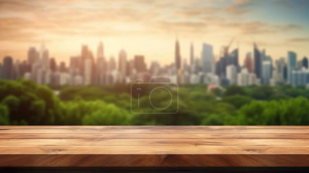 Foto de La mesa de madera vacía con fondo borroso del horizonte de la naturaleza. Imagen exuberante. - Imagen libre de derechos