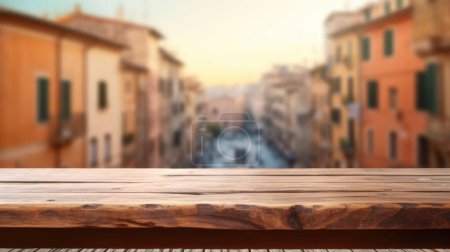 Téléchargez les photos : Le plateau en bois vide avec fond flou de la rue Rome. Image exubérante. - en image libre de droit