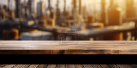 Photo for The empty wooden table top with blur background of factory. Exuberant image. - Royalty Free Image