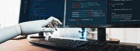 Foto de Avance tecnológico futurista de la IA generativa generando código para el desarrollo de software en concepto de automatización. Código de escritura a mano robótica en la computadora. Trailblazing - Imagen libre de derechos