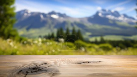 Photo for The empty wooden brown table top with blur background of New Zealand nature. Exuberant image. - Royalty Free Image