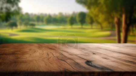 Foto de La mesa vacía de madera marrón con fondo borroso del club de campo. Imagen exuberante. - Imagen libre de derechos
