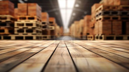 Photo for The empty wooden table top with blur background of warehouse storage. Exuberant image. - Royalty Free Image