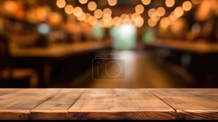 Foto de La mesa de madera vacía con fondo borroso de café vintage interior. Imagen exuberante. - Imagen libre de derechos