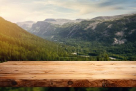 Photo for The empty wooden brown table top with blur background of Norway nature landscape. Exuberant image. - Royalty Free Image
