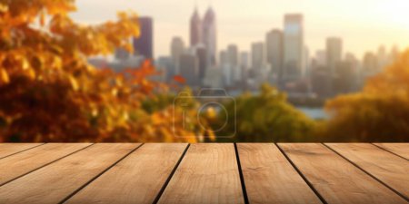 Foto de La mesa de madera vacía con fondo borroso del horizonte de la naturaleza en otoño. Imagen exuberante. - Imagen libre de derechos