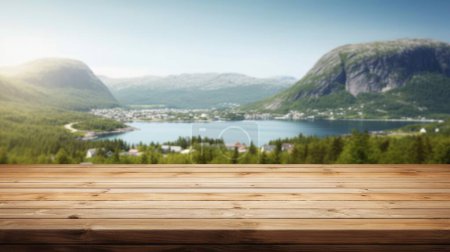 Foto de La mesa de madera vacía marrón con fondo borroso de Noruega en verano. Imagen exuberante. - Imagen libre de derechos