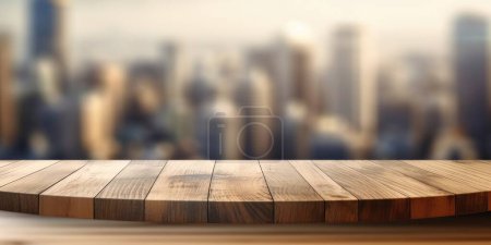 Photo for The empty wooden table top with blur background of business district and office building in autumn. Exuberant image. - Royalty Free Image