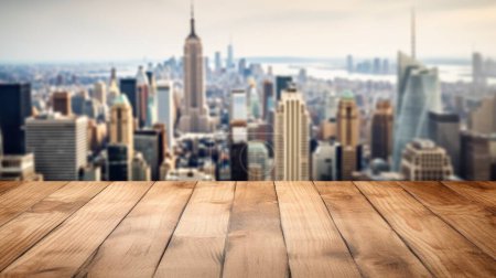 Photo for The empty wooden table top with blur background of city skyline. Exuberant image. - Royalty Free Image