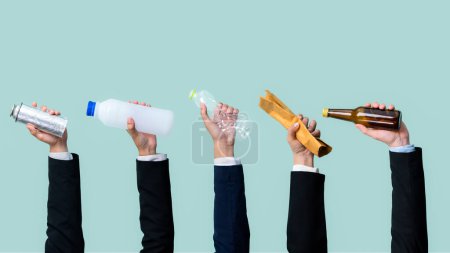 Photo for Businessmans hand holding garbage waste on isolated background. Eco-business recycle waste policy in corporate responsibility. Reuse, reduce and recycle for sustainability environment. Quaint - Royalty Free Image