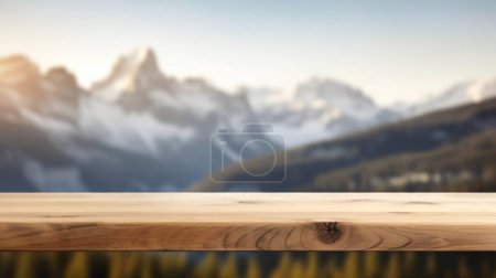 Foto de La mesa de madera vacía de color marrón con fondo borroso de la montaña dolomita. Imagen exuberante. - Imagen libre de derechos
