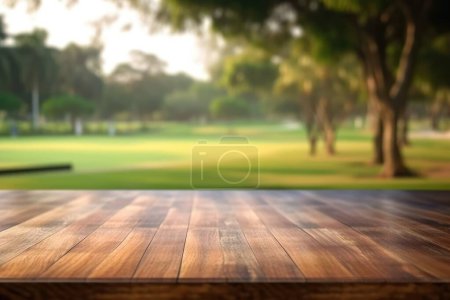 Foto de La mesa vacía de madera marrón con fondo borroso del club de campo. Imagen exuberante. - Imagen libre de derechos