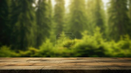Photo for The empty wooden table top with blur background of boreal forest. Exuberant image. - Royalty Free Image