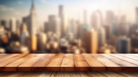 Foto de La mesa de madera vacía con fondo borroso de paisaje urbano. Imagen exuberante. - Imagen libre de derechos