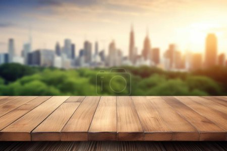 Photo for The empty wooden table top with blur background of nature skyline in autumn. Exuberant image. - Royalty Free Image