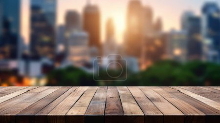 Photo for The empty wooden table top with blur background of downtown business district. Exuberant image. - Royalty Free Image