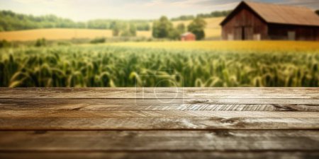 The empty wooden brown table top with blur background of farm and barn. Exuberant image.