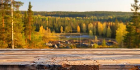Téléchargez les photos : Le plateau brun en bois vide avec un fond flou de la nature finlandaise. Image exubérante. - en image libre de droit